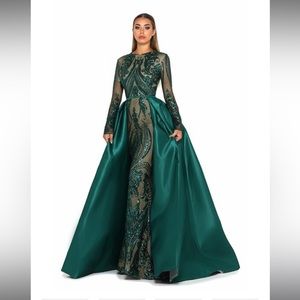 Portia and Scarlett Style 1702 in emerald green long sleeve removable overskirt